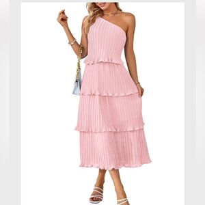 Merokeety Hot Pink One Shoulder Pleated Tiered Maxi Dress sz L